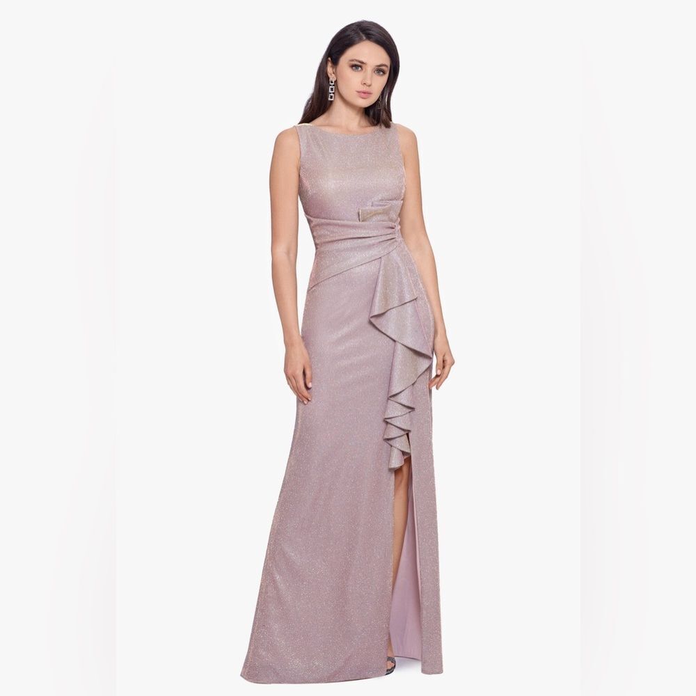NWT Betsy & Adam | Pink Serene Long Ruffle Front Galaxy Glitter Dress 8